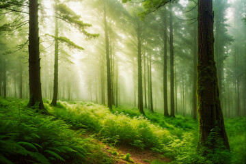 Fototapeta premium View of the summer nature of the wild forest in the morning. Blurred out of focus background. Created using generative AI tools