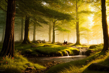 Abstract landscape of a summer forest with a stream nd a cowboy on a horse. Created using generative AI tools