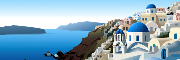 Naklejka premium Santorini city panorama, urban landscape. Business travel and travelling of landmarks. Illustration, web background. Buildings silhouette. Greece - Generative AI