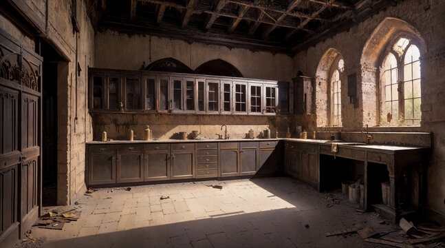 Shabby kitchen interior in a dilapidated old mansion. Interior with vintage furniture and antiques. Created using generative AI tools