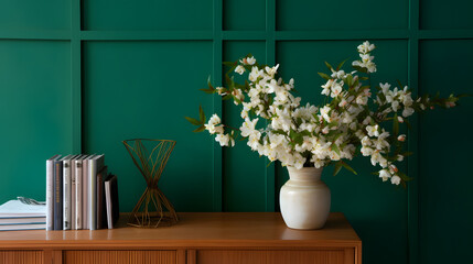 Vase with blooming jasmine flowers and books on wooden cabinet near green wall