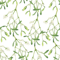 Watercolor misteltoe illustration. Seamless pattern, background with the branches of mistletoe.