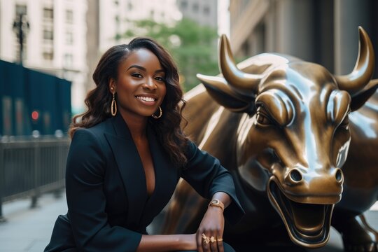 Beauty photography of attractive dark skinned, Businesswoman at the stock exchange with the charging bull made of bronze, created with generative,ai 