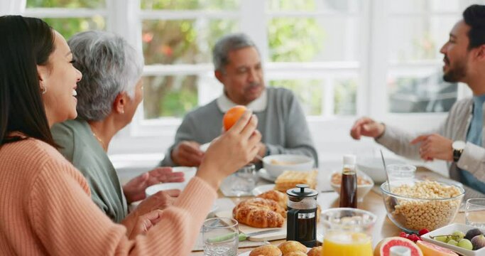 Breakfast, food and morning with big family at table for help, gratitude and wake up. Love, support and brunch with people eating in dining room at home for nutrition, wellness and health together