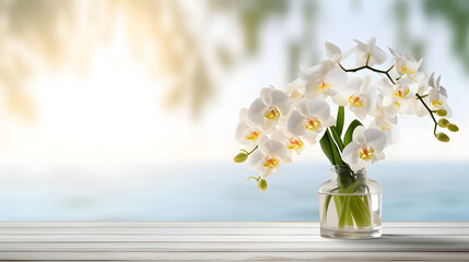 white orchid flower decoration in a glass vase with sunlight on wooden table with copy space,...