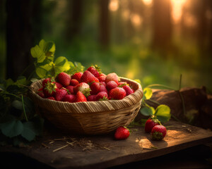 Fresh strawberry picked in the forest. Wicker basket of red berries on the piece of wood. Close up. Blurred backdrop. Generative AI.