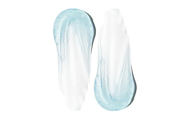 Composition of smears and drops or drops of a transparent blue gel, serum. On an empty transparent background.