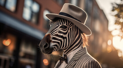Fototapeta na wymiar A zebra wearing a fedora hat and a zebra jacket in an elegant city setting. Zebra dressed as businessman in corporate jungle studio portrait. Realistic 3D illustration. Generative AI