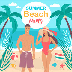 Summer beach party banner. Vector illustration of a tropical beach, palm trees, and smiling, happy people.