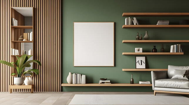 Wooden and green living room interior with shelves and poster