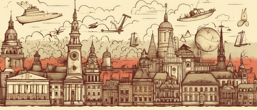 Poland Famous Landmarks Skyline Silhouette Style, Colorful, Cityscape, Travel and Tourist Attraction - Generative AI