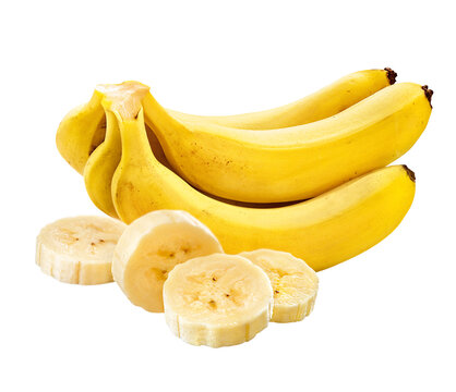 composi&ccedil;&atilde;o de penca de banana madura acompanhado de fatia de banana cortada isolado em fundo transparente - cacho de bananas