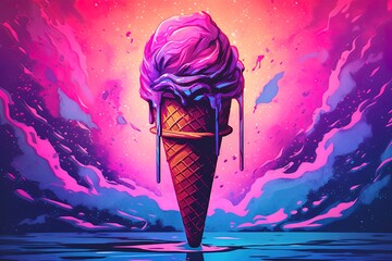 Colorful cone ice cream in a surreal atmosphere. Generated by AI