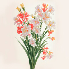 vintage style, watercolor, large beautiful bouquet of gladioli