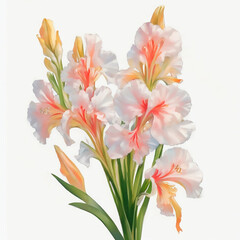 Fototapeta na wymiar watercolor, vintage style, a large beautiful bouquet of flowers, an inflorescence of white and pink gladiolus meets the dawn