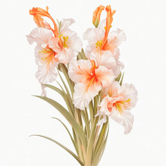 watercolor, vintage style, large beautiful bouquet of flowers, inflorescence of white and orange gladiolus
