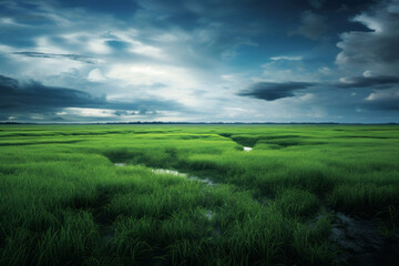 Fototapeta na wymiar Beautiful green field with cloudy sky. Generative AI