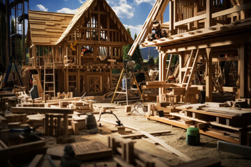 Construction of wooden houses. Generative AI