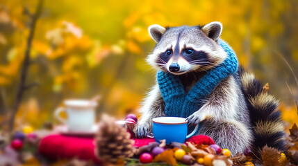 A funny raccoon in a scarf drinks tea from a cup against the background of an autumn forest.Beautiful postcard for Thanksgiving.Generative AI - obrazy, fototapety, plakaty