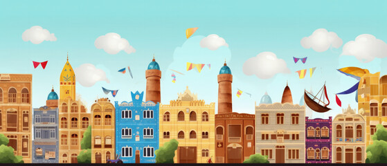 Fototapeta premium Yemen Famous Landmarks Skyline Silhouette Style, Colorful, Cityscape, Travel and Tourist Attraction - Generative AI