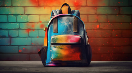 A bright school backpack on the background of a brick wall. Back to school. Generative AI. - obrazy, fototapety, plakaty