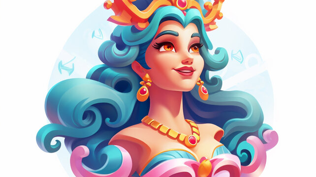 Isometric smiling colorful goddess game icon on white background