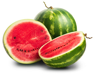 PNG. Ripe striped watermelons. Watermelon cut in two