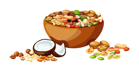 Vector illustration of a bowl with nuts and seeds. Almond, cola, cashew, nutmeg, Brazil nut, pistachio, peanut, macadamia, sunflower, pumpkin seed, hazelnut, pine nut, coconut, walnut, chestnut.