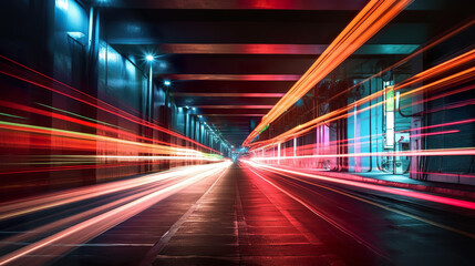 Fototapeta premium Abstract long exposure dynamic speed light trails in an urban environment. Moving car lights on highway at night long exposure. Realistic 3D illustration. Generative AI