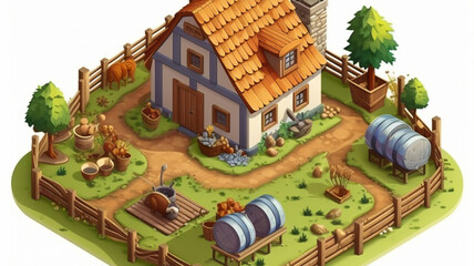 Isometric farm land and middle age houses gaming icon style, illustration on white background