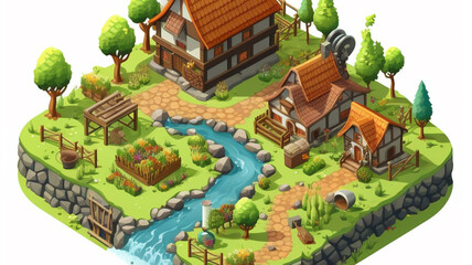 Isometric farm land and middle age houses gaming icon style, illustration on white background
