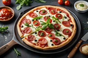 Obraz na płótnie Canvas pizza with tomatoes and olives