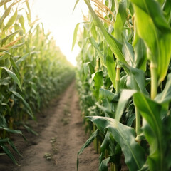 Aisle in a field with corn, green stalks of corn close-up. Fresh green corn field on the sunny day. Green ears of corn. Realistic 3D illustration. Generative AI