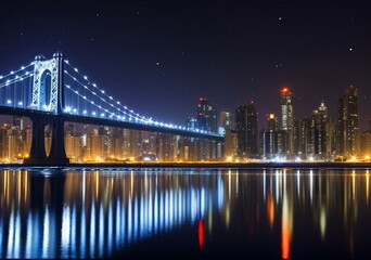 Fototapeta premium night city panorama, at night panoramic cityscape , blurred neon light reflection,sea water , Manhattan bridge in New York,starry blue sky ,template ,banner,generated ai