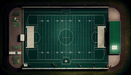 Aerial drone view of a lush green football field, showcasing the precision and coordination of players in action, created with AI tool