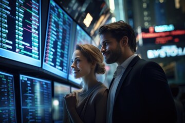 
Success at stock market, broker businesswoman and businessman are looking happy at rising financial graph charts, candlestick charts, created with Generative AI
