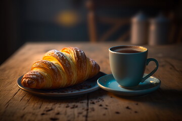 Fresh croissant and a cup of coffee on a table in a cafe.Generative AI