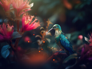 A hummingbird in exotic tropical garden on blurred background. Magic garden with exotic animal in tropical vegetation. Fantasy world idyllic tranquil morning. Realistic 3D illustration. Generative AI