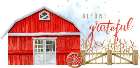 Watercolor red rustic barn with wooden fence and corn leaves on blue watercolor background with lettering for Thanksgiving card - obrazy, fototapety, plakaty