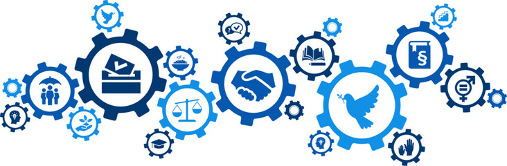 Human rights vector illustration. Blue concept with icons related to democracy, civil rights, equality, law / justice & peace, freedom & liberty, citizenship & just society.