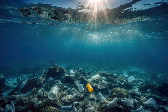 Plastic garbage bottles under the sea. Plastic bottles floating in the ocean. An image of trash plastic bottles drifting in the ocean. Generative AI