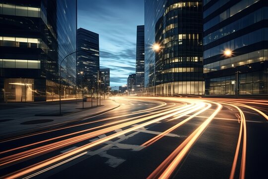 Modern office buildings with light trails of night.