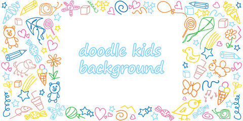 Kids doodle background. Template with children's colorful drawings. Horizontal frame. Outline drawn cartoon elements