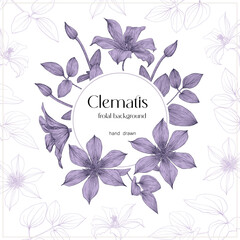 Vector floral greeting card wedding invitation template design. Clematis flowers and leaves outline with purple filling on white with circle frame. Hand drawn illustration