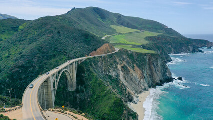 Aerial view of Pacific Highway California Coastline 