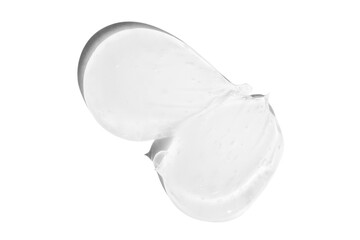 Composition of smears and drops or drops of a transparent gel, serum. On an empty transparent background.