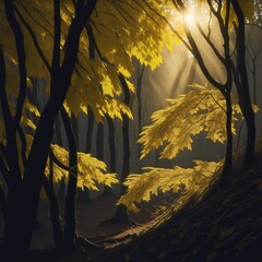 Close up view of sunlight shine through foliage in trees woods. Fall branch. Yellow autumn in forest landscape.