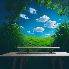 A natural spring garden background of fresh green grass with a bright blue sunny sky with a wooden table to place cut out products on.