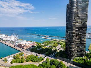 Aerial view of Chicago lakefront and city skyline