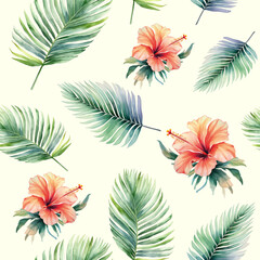 Watercolor tropical background. Seamless realistic vector botanical pattern. Watercolor pattern with exotic flowers